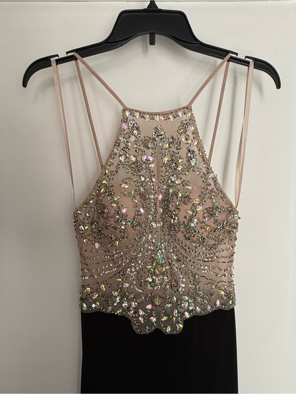Betsy & Adam Nude Beaded Halter Prom or Formal Dress with Black Skirt